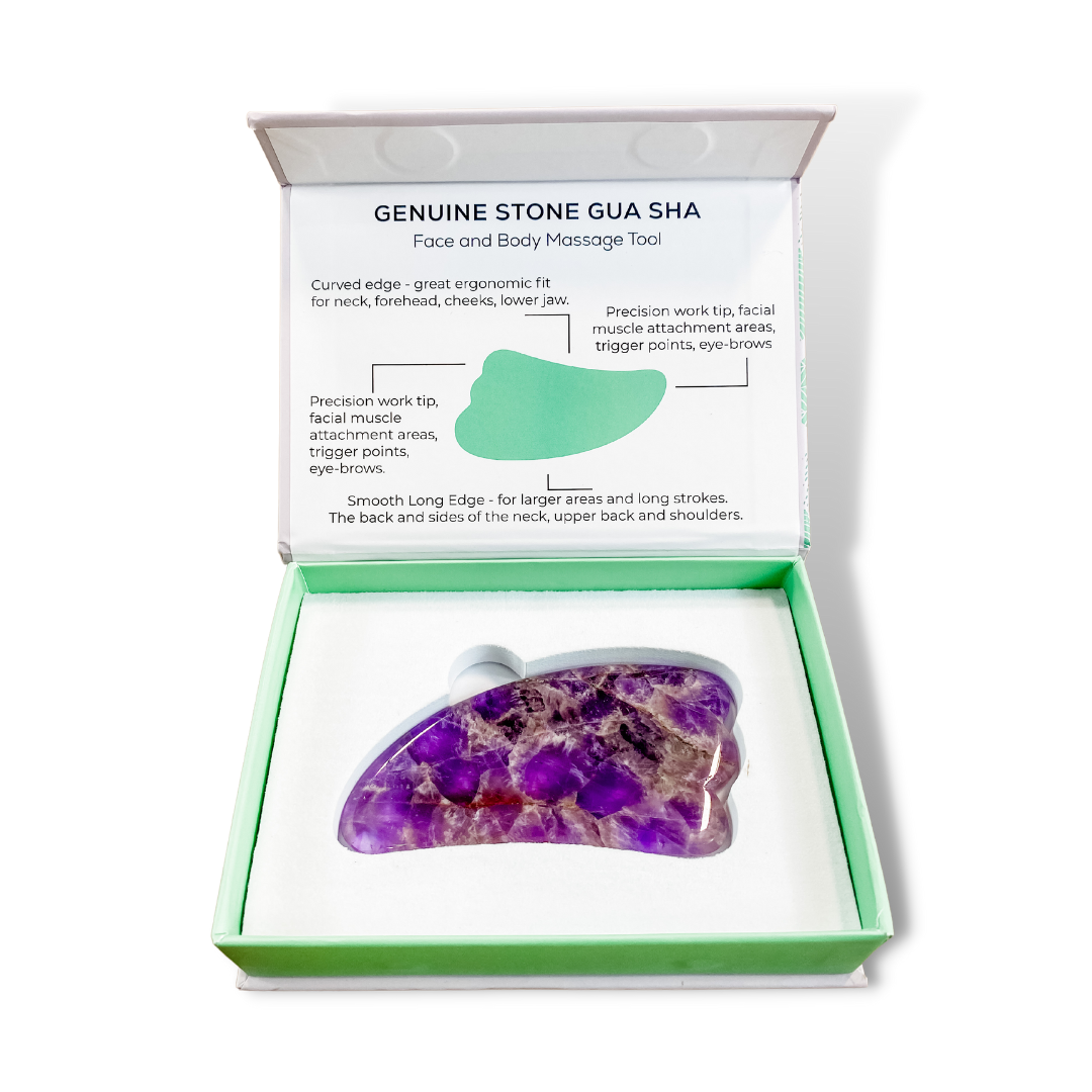 The energy of Amethyst is calming and peaceful. The stone is often used in meditation practices. As a facial tool, it soothes inflamed skin and promotes relaxation.  Gua Sha is a healing modality from traditional Chinese medicine. Facial Gua Sha is a gentle technique for delicate areas. 